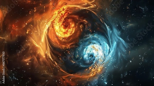 Fototapeta Abstract yin yang with swirling light and fire, starry universe background, cosmic elements, detailed and dynamic design, visually striking