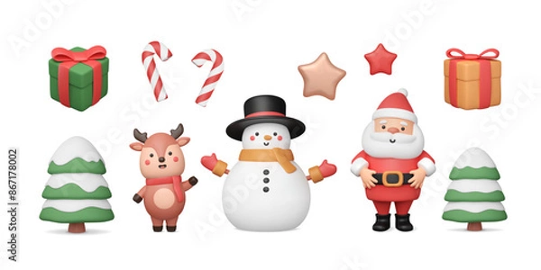 Fototapeta Set of 3d Christmas stickers. Santa Claus, cute deer waving his hand, snow man in top hat. Snowy trees, various gift boxes, candy cane and stars. Cartoon New Year characters. Vector illustration.