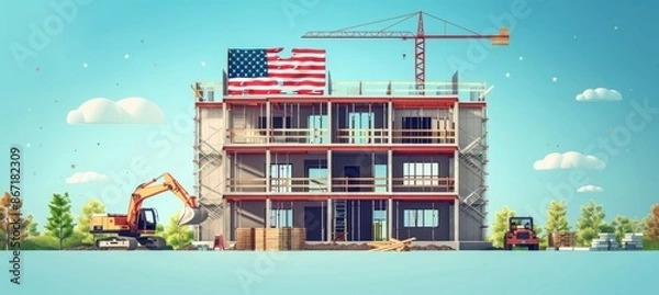 Fototapeta Building construction with crane and America flag. 4th of July or America independence day. Generative AI technology.