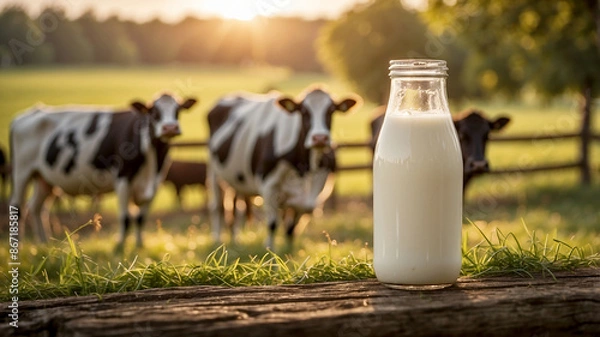 Fototapeta milk bottle placed on a wooden fence in a pastoral farm setting, with cows grazing in the background and soft, golden sunlight