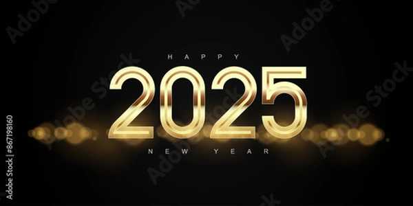 Fototapeta 2025 typography design concept, Happy New Year Greeting Card 3d Number Gold. Happy new year 2025 cover design, for banners, posters, backgrounds and greetings.