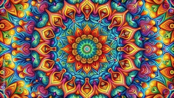 Fototapeta  This is a symmetrical mandala design with bright, saturated colors. The design is made up of repeating geometric shapes, and has a trippy, psychedelic feel.