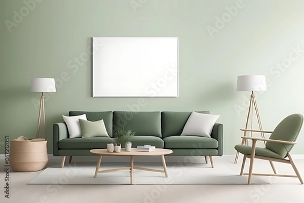 Fototapeta A mockup white frame in forest green and moss green living room on wall.