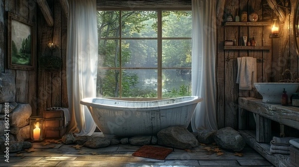 Fototapeta Rustic Bathroom with a Scenic View - Generative AI