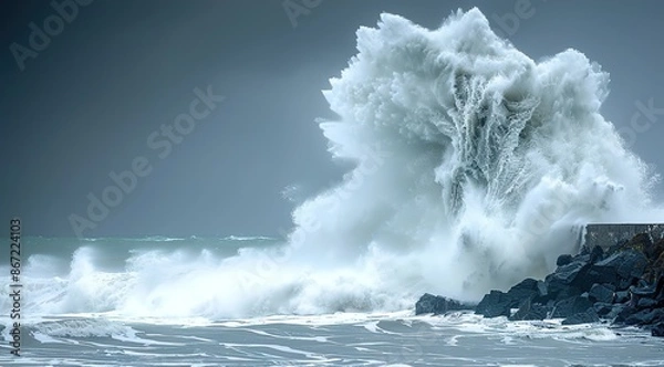 Fototapeta wave breaking on the rocks