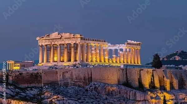 Fototapeta Greek legacy: The Parthenon in Athens, Greece, bathed in golden light, representing its importance as a historical and tourist site