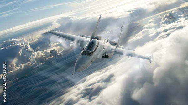 Fototapeta High-speed flight: Modern jetfighter soaring above the clouds at high speed, cutting through the sky with impressive agility