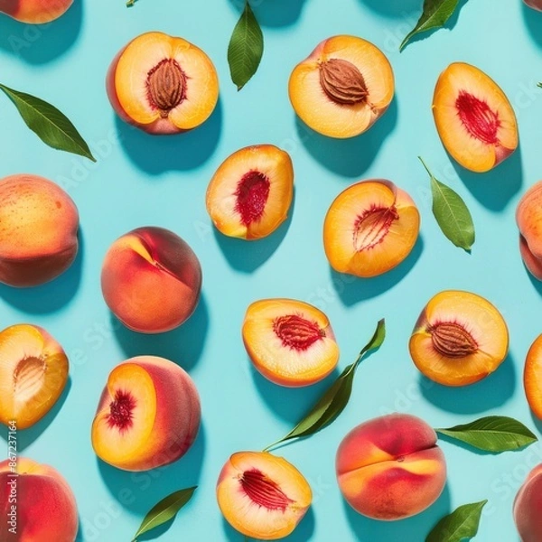 Fototapeta Peaches slices and whole, shot from above, making a fun pattern on a bright pastel color background, magazine cover photo