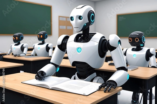 Fototapeta A modern robot teaching in a room