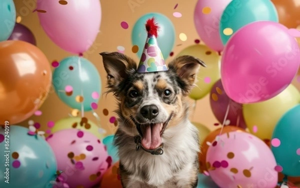 Fototapeta Celebration Dog with Balloons and Confetti