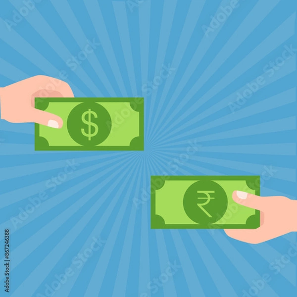 Fototapeta Hand holding money. Give and take of money. Vector illustration in flat style on blue background.