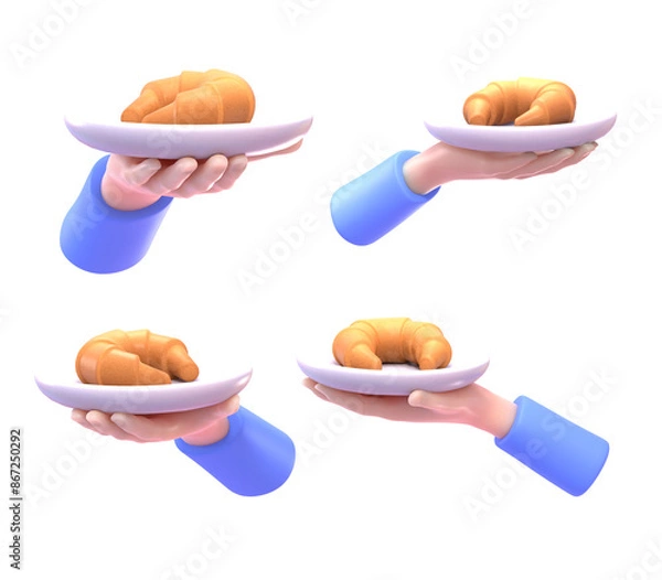 Fototapeta 3d render of hand holding white plate with croissant in various angles