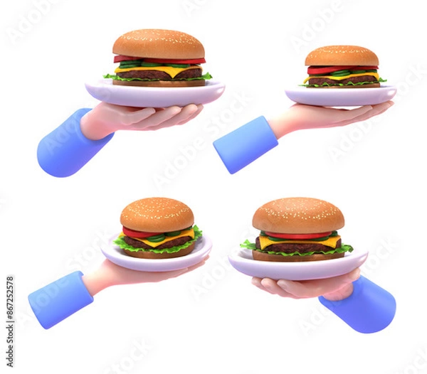 Fototapeta 3d render of hand holding white plate with hamburger in various angles