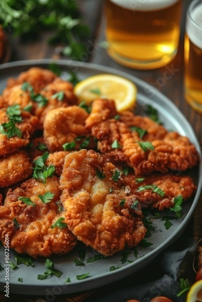 Fototapeta Wiener Schnitzel : with a lemon wedge, parsley garnish, and a glass of golden beer on the side.