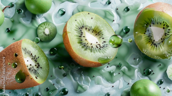 Fototapeta Fresh kiwi fruits with water droplets on green background, showcasing natural textures, perfect for healthy food and nutrition concepts.