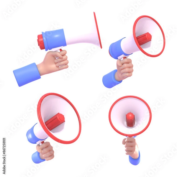 Fototapeta 3d render of hand holding megaphone or loudspeaker in various angles