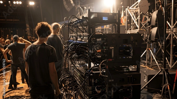 Fototapeta Concert crew organizing cables and testing sound systems on stage