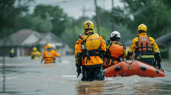 Obraz Rescue team aiding flood victims with rescue boats