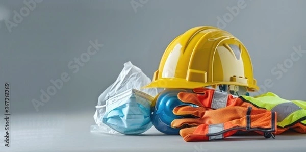 Obraz Construction Safety Gear on a Grey Background