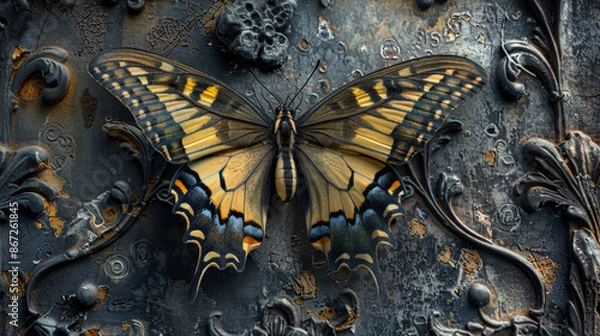 Fototapeta Delicate stylized butterfly wings transform into a photorealistic closeup of a weathered tombstone with intricate carvings symbolizing the cycle of life and the beauty of the ep