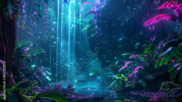 Fototapeta Cyberpunk Rainforest Lush D rainforests with cybernetic wildlife D holographic leaves and neon rain dripping from digital canopies High Quality High Clarity Space for Text