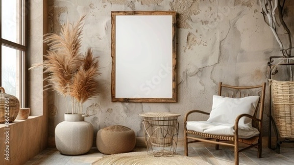 Fototapeta A room with a white framed picture on the wall and a chair in front of it