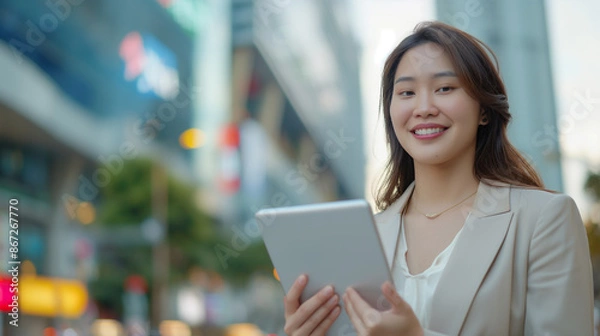 Fototapeta Businesswoman use of tablet computer in city smiling outdoors with a history of building businesses The idea began to work. Starting a business, looking at goals