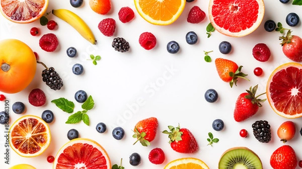 Fototapeta Top view. Various fresh fruits and berries on white background. Clean eating concept. healthy life copy space