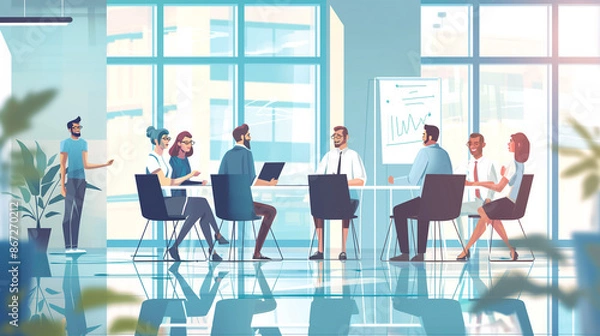 Fototapeta Vector illustration of young people in a business meeting in the office The idea is to participate in teamwork, and analyze project statistics. financial report Discuss strategy, and planning.