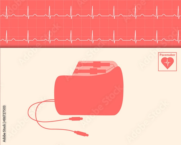 Fototapeta Red silhouette pacemaker and cardiogram background.