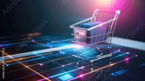 Fototapeta Shopping cart illustration, ecommerce and business concept, background
