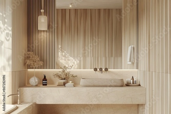 Fototapeta Interior of luxury bathroom with wooden walls, concrete floor, comfortable double sink standing on wooden countertop