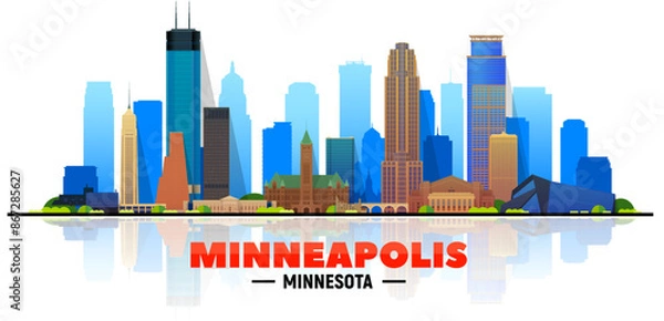 Fototapeta Minneapolis Minnesota skyline in the white background. Flat vector illustration. Business travel and tourism concept with modern buildings. Image for banner or website.