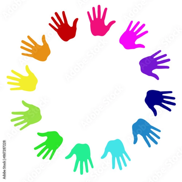 Obraz Multi coloured painted handprints arranged in a circle on transparent background 