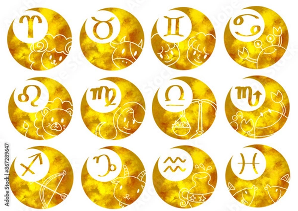 Obraz １２星座シンプルアイコン　月とマーク　金色