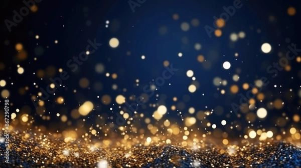Fototapeta abstract background with Dark blue and gold particle. Christmas Golden light shine particles bokeh on navy blue background. Gold foil texture. Holiday concept., generative ai