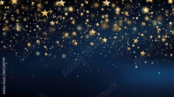 Fototapeta Abstract background with gold stars, particles and sparkling on navy blue. Christmas Golden light shine particles bokeh on navy blue background. 2024 New year background. , generative ai