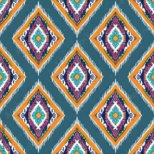 Fototapeta Seamless round ikat pattern, geometric curve design for fashion clothes, textile, wrapping, decoration