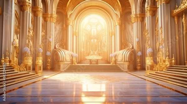 Fototapeta A realistic fantasy interior of the palace. golden palace. castle interior. Fiction Backdrop. concept art., generative ai