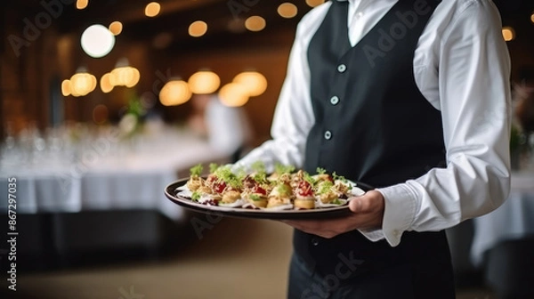 Fototapeta Waiter carrying appetizers on a plate on some festive event, party or wedding reception. catering service,, generative ai