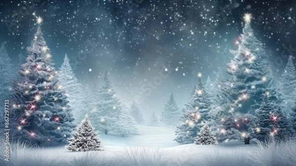 Obraz Christmas tree and snowfall in vintage style. Beautiful forest in snow landscape. Christmas and New Year holidays background., generative ai