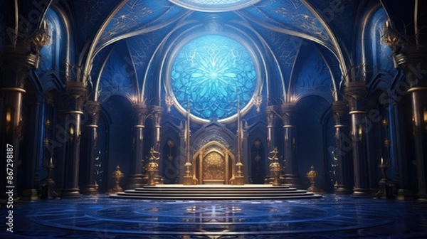 Fototapeta A realistic fantasy blue interior of the royal palace. golden blue palace. castle interior. Fiction Backdrop. concept art., generative ai