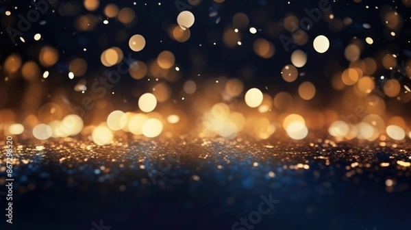 Fototapeta Abstract luxury swirling gold background with gold particle. Christmas Golden light shine particles bokeh on navy blue background. Gold foil texture. Holiday concept., generative ai