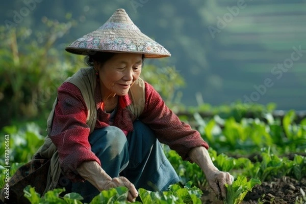 Fototapeta Senior asian farmer woman wearing a traditional conical hat working in a field, harvesting vegetables