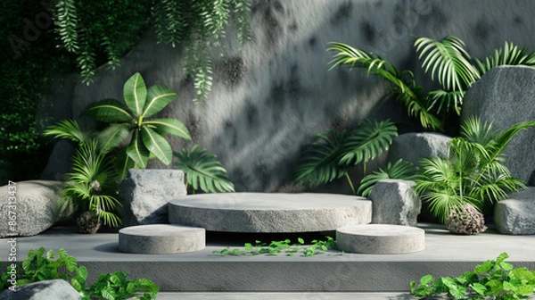 Fototapeta Stone pedestal in a lush green jungle setting. Copy space. Generative AI	