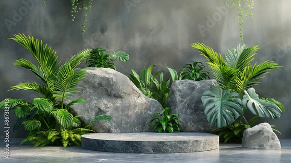 Fototapeta Stone pedestal in a lush green jungle setting. Copy space. Generative AI	