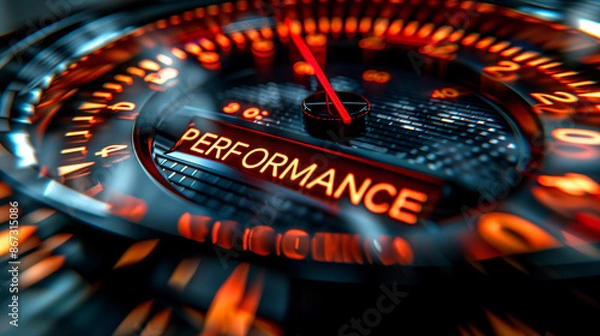 Obraz A close-up view of a speedometer with the word "Performance" prominently displayed