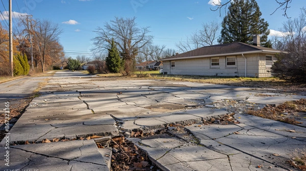 Obraz The concrete parking lot in front of the house is broken and in bad shape. It needs to be fixed and taken care of often.