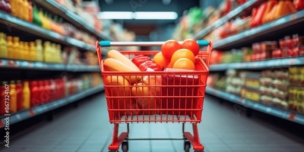 Fototapeta Red Shopping Cart Filled With Groceries In A Supermarket