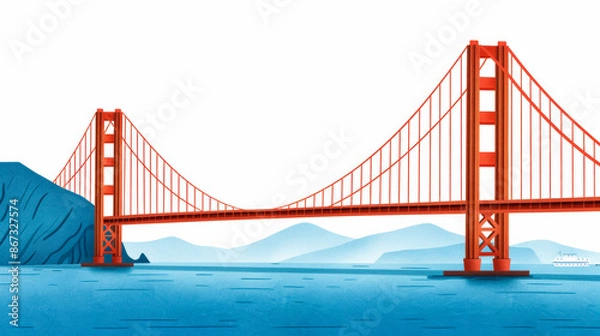 Fototapeta Watercolor illustration of iconic Golden Gate Bridge with vibrant red structure and scenic blue bay bright simple watercolour 